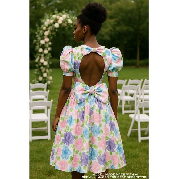 VTG 80s Flower Bomb Dress 11-12 Keyhole Back Fit and Flair Gunne Sax McClintock - Picture 1 of 12